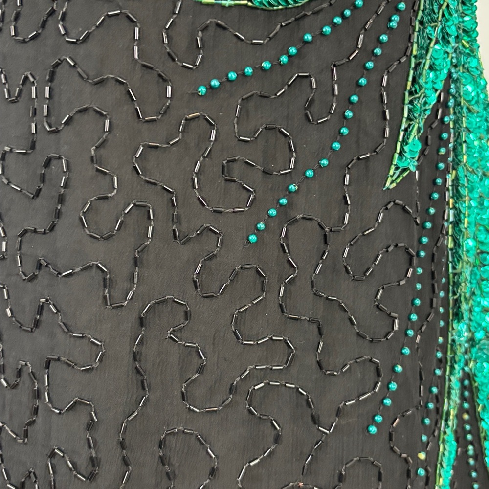 Vintage Carina Black Green Sequin Beaded Dress Size Medium 100% Silk Formal Sz M - Picture 5 of 15